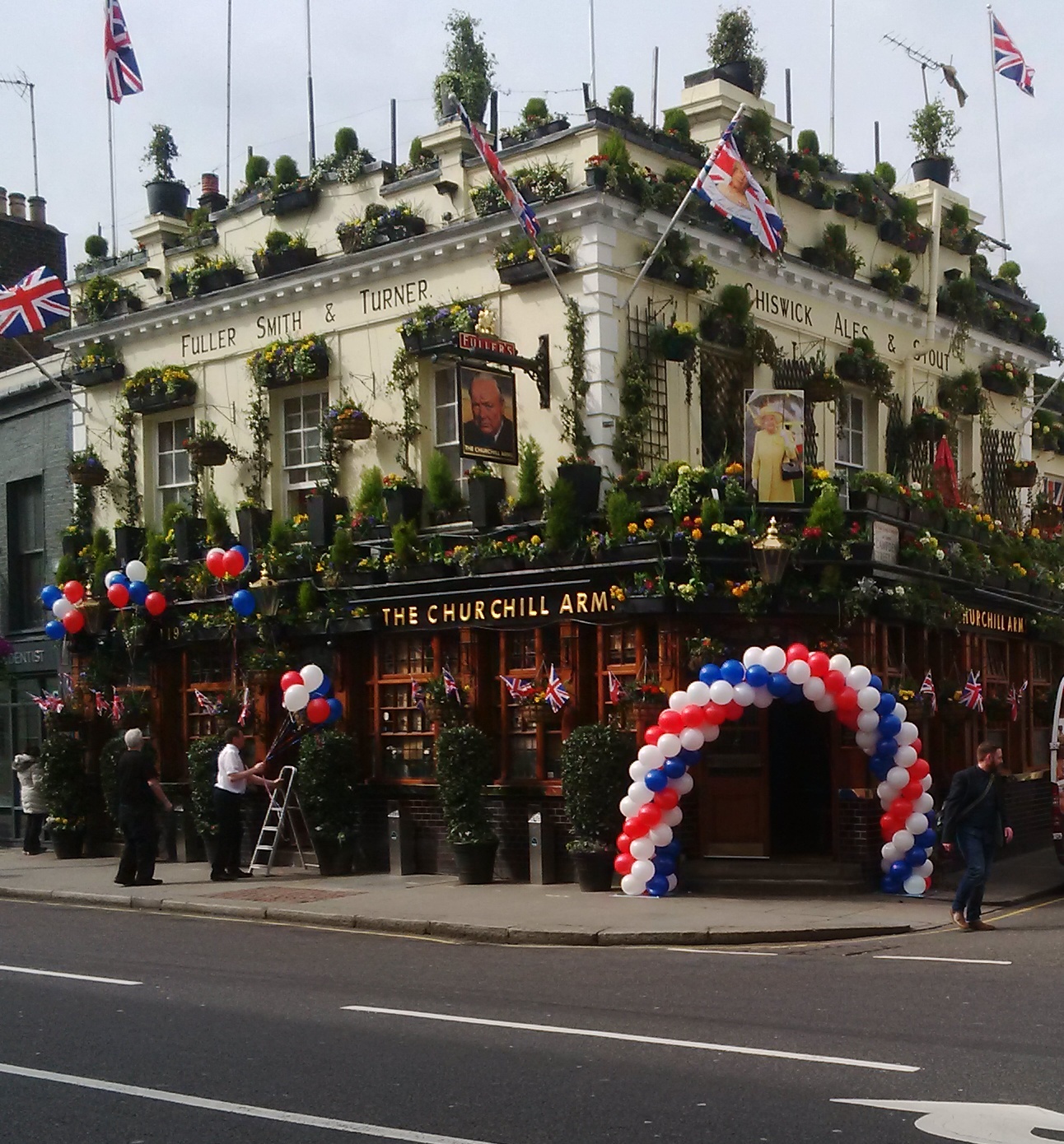 Red, White and Blue Spiral Arch for The Churchill Arms, Kensington